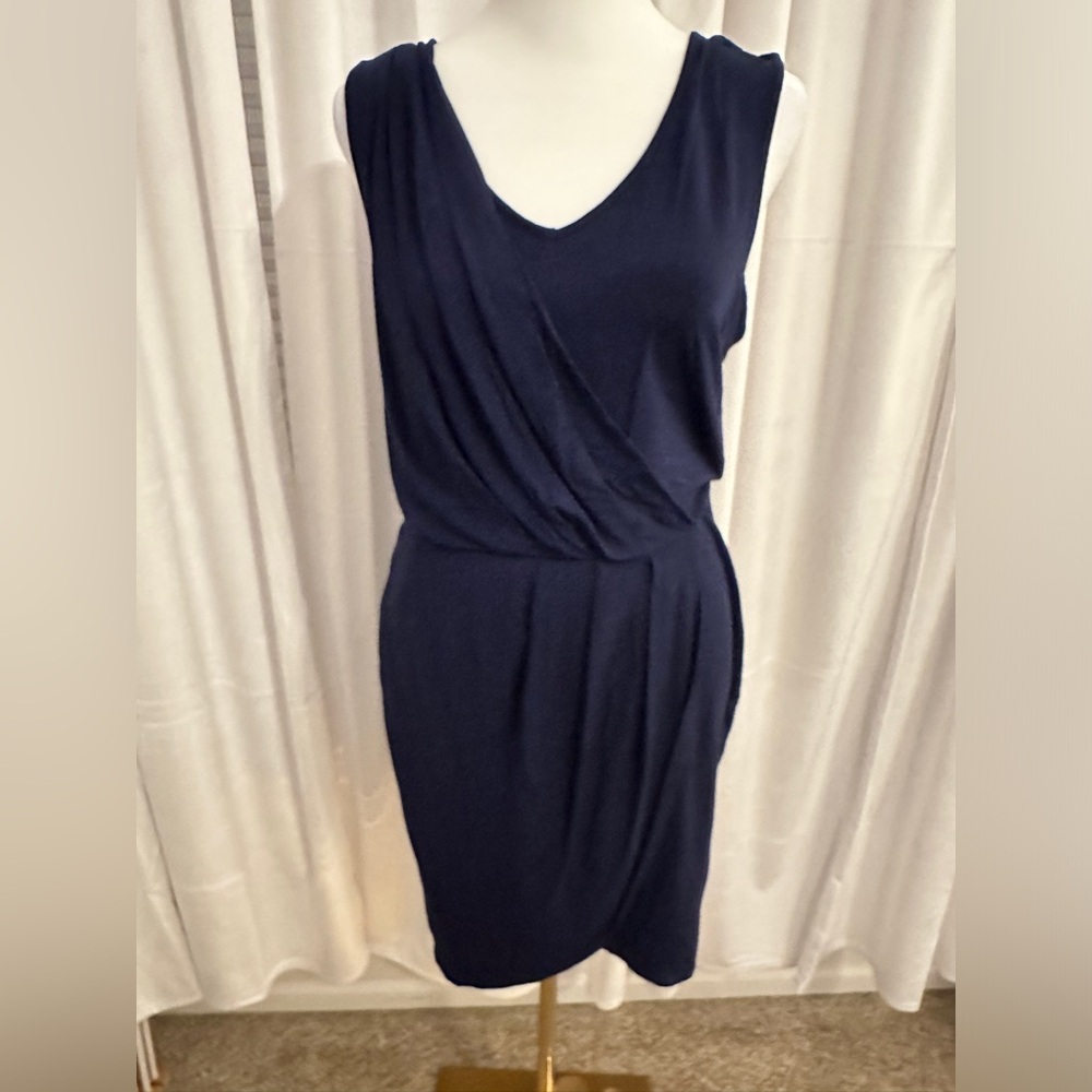 Tart Navy Draped and Pleated V-Neck and V-Back Cocktail Jersey Dress Medium